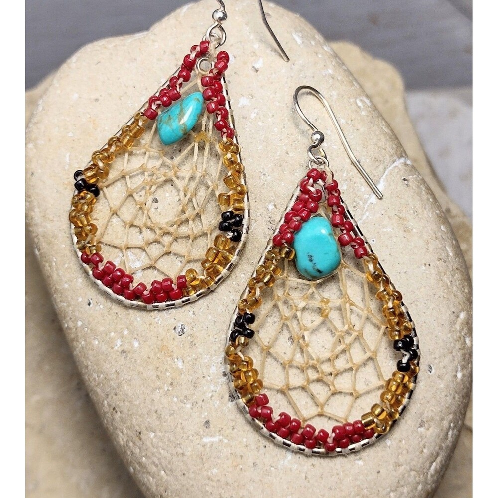 Vintage Native Turquoise Stone Coral Glass Seed Bead Earrings